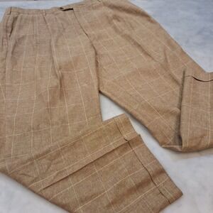 Berle Linen Blend Double Pleated Cuff Dress Pants Sz 40 Tan Windowpane Trousers
